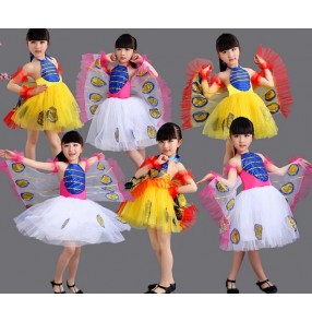 White yellow gold girls kids child children toddlers kindergarten modern dance bees cos play butterfly school play outfits dresses